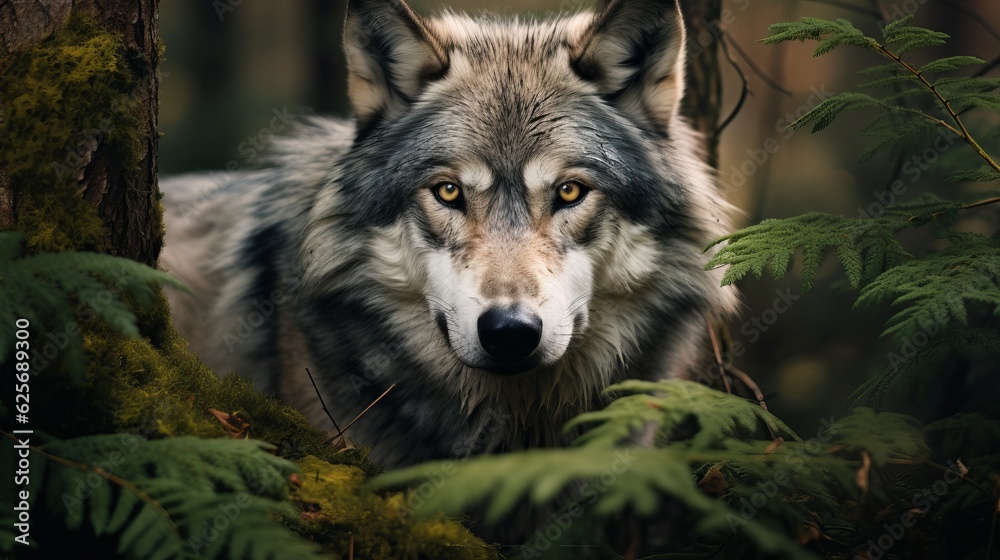 Portrait of grey wolf in the forest Generative AI