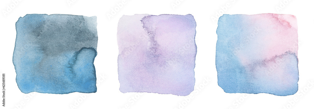 Ink watercolor hand drawn square stain blot. Wet blue pastel color paper texture background. Set. Ink watercolor hand drawn square stain blot. Wet blue pastel color paper texture background. Set.