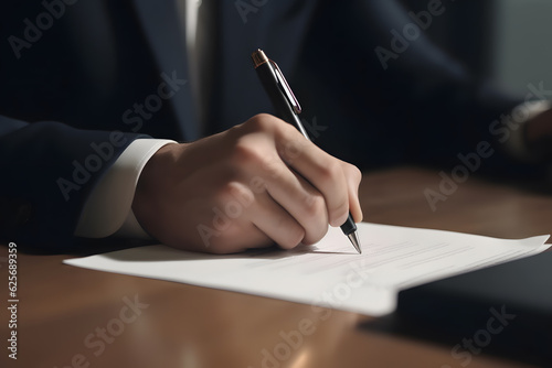 Close up of businessman writing on piece of contract