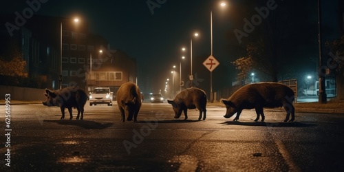A Boar Under a City Street Lamp with Night Sky and Empty Streets, Amidst the Beauty of Urban Wildlife