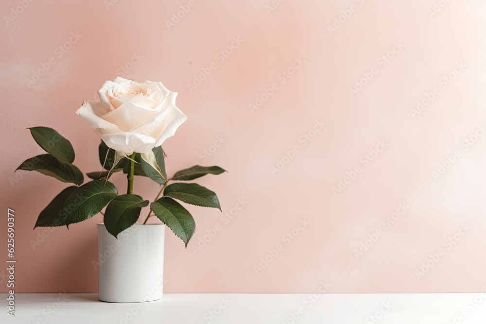 On a table near a pale pastel pink wall, a single fresh white rose with green foliage is shown. Vacant space for motivational, emotive, or emotional content, a gorgeous quote, or upbeat sayings. in On a table near a pale pastel pink wall, a single fresh white rose with green foliage is shown. Vacant space for motivational, emotive, or emotional content, a gorgeous quote, or upbeat sayings. in