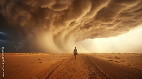 Man going into sandstorm. Dramatic sand storm in desert. Digital art. Abstract desert landscape background. Sand dune. Danger and power of wild nature. Generative AI illustration for design.