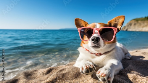 A dog in sunglasses lies and rests on the seashore. Summer relax. The concept of summer tourism. Generative AI illustration for cover, card, postcard, interior design, decor, invitations or print. © Login