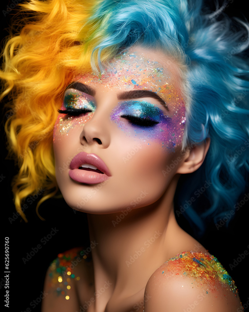 Obraz premium Portrait of a beautiful woman with rainbow hairs and a fancy glitter color makeup