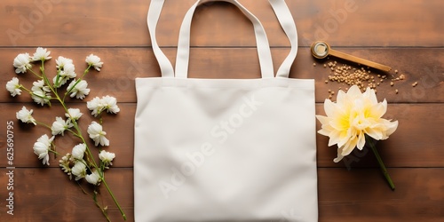 AI Generated. AI Generative. White tote bag mockup with plant background. Eco carry shopping container. Graphic Art photo