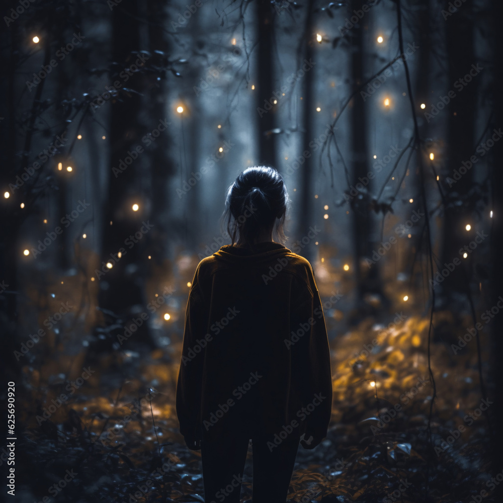 Young woman in the woods looking at magic glowing fairy lights
