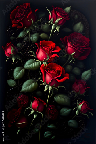 bouquet of red roses on a black background, AI generated