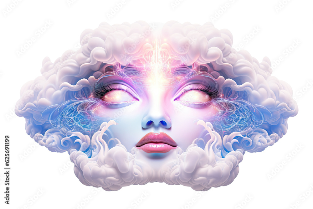 abstract concept of a futuristic woman's face with colorful swirls isolated on a transparent background, generative ai