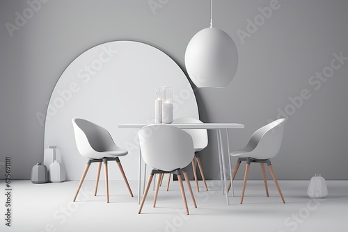A circular white table and four brown chairs are in a minimalist white dining room area. a mockup photo