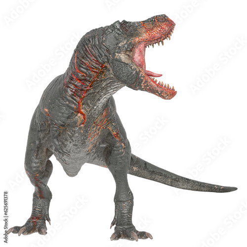 t-rex on blood is looking around in white background