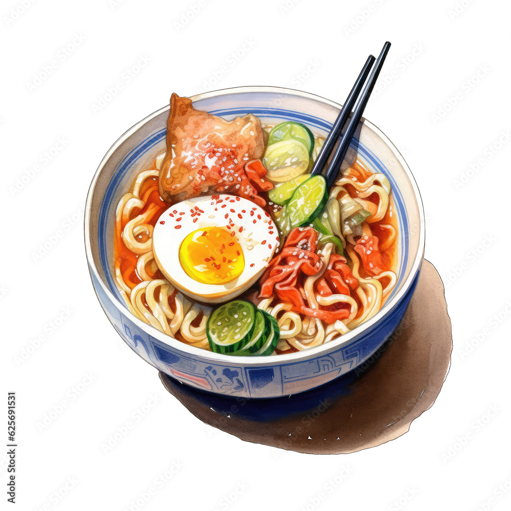 A bowl of noodles, egg, pickled cucumber, and noodles, in the style of highly detailed realism isolated on transparent background png - Generative AI A bowl of noodles, egg, pickled cucumber, and noodles, in the style of highly detailed realism isolated on transparent background png - Generative AI