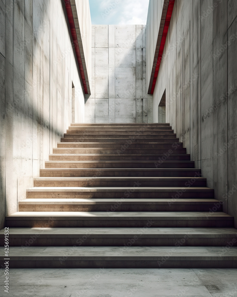 Modern staircase in concrete space. Long concrete stair way to majestic building. Beautiful empty grey stair step in building. Realistic 3D illustration. Generative AI