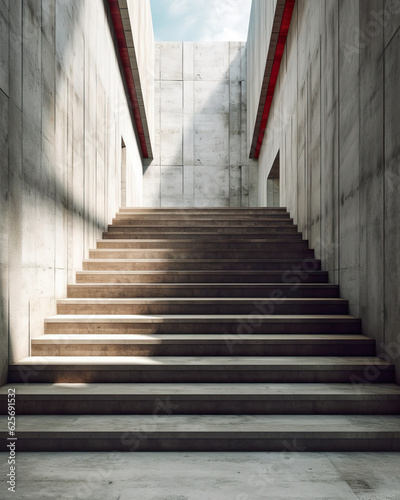 Modern staircase in concrete space. Long concrete stair way to majestic building. Beautiful empty grey stair step in building. Realistic 3D illustration. Generative AI © Vagner Castro