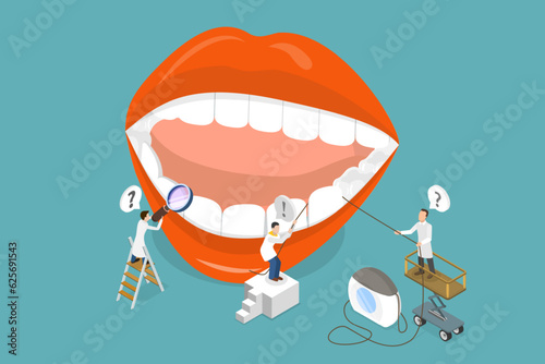 3D Isometric Flat Vector Conceptual Illustration of How To Use Dental Floss, Oral Health Care