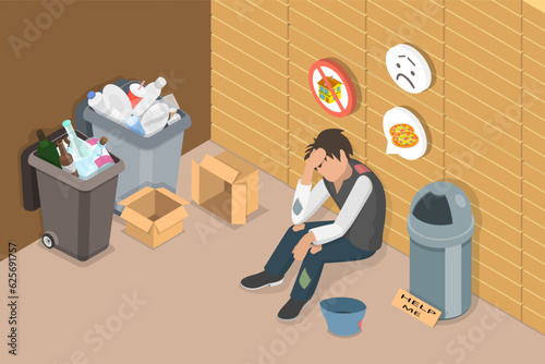 3D Isometric Flat Vector Conceptual Illustration of Homeless Poor Man, Poverty