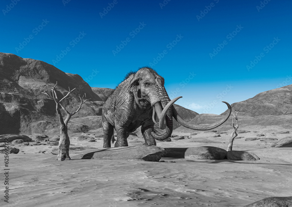 Fototapeta premium colossadon mammoth is walking among the dead trees on the dry desert in front view