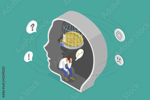 3D Isometric Flat Vector Conceptual Illustration of Mental Trap , Mind Prison