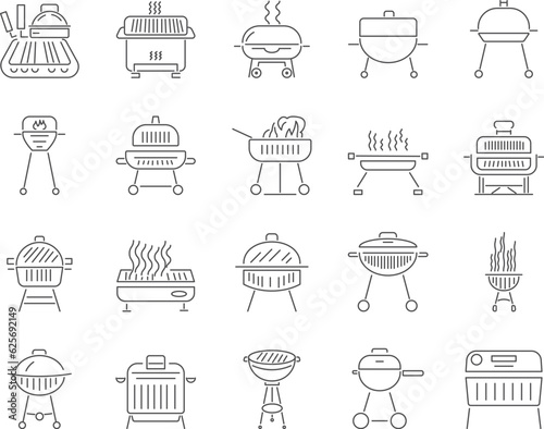 Barbecue Icons Set. Barbeque Grill, Picnic, BBQ. Editable Stroke. Simple Icons Vector Collection