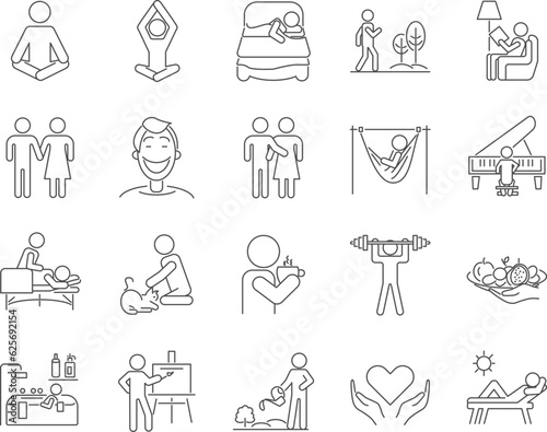 Self-Care and Well-being Icons Set. Health, Love, Hobby, Sport. Editable Stroke. Simple Icons Vector Collection