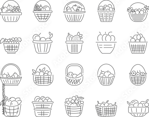 Basket of Fruits Icons Set. Apples, Oranges, Grapes, Pears. Editable Stroke. Simple Icons Vector Collection