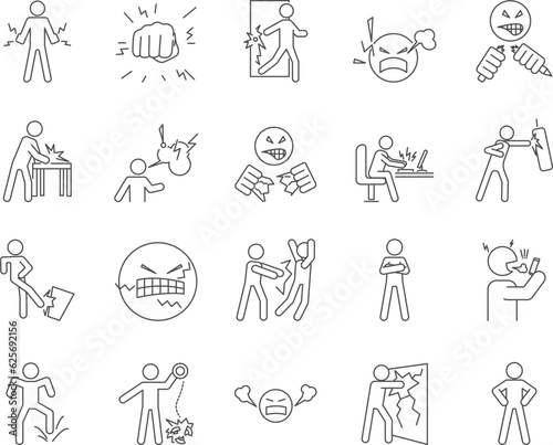Angry Person Icons Set. Screaming, Shouting, Anger. Editable Stroke. Simple Icons Vector Collection
