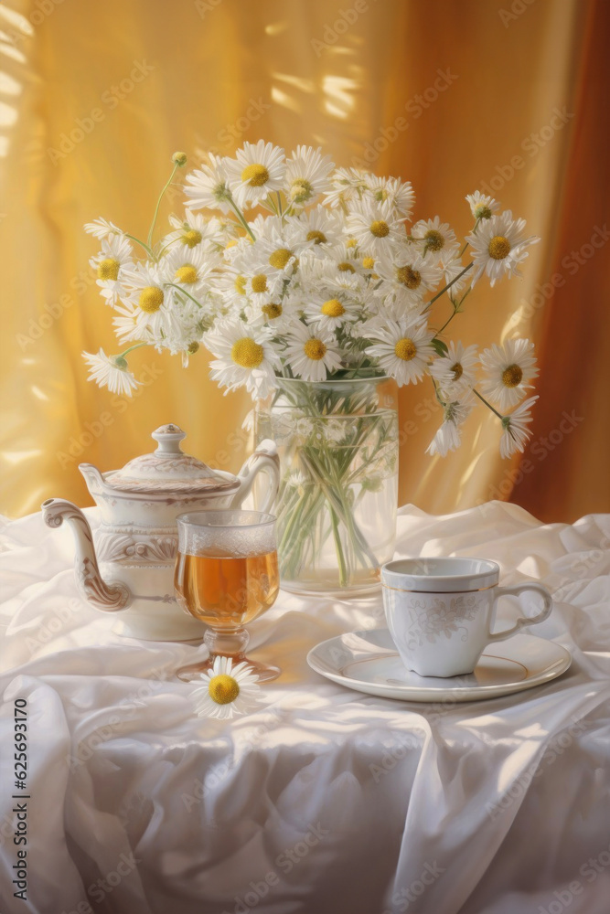 Generated photorealistic image of a cozy country table with a teapot, cups and a bouquet of daisies