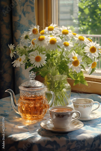 Generated photorealistic image of a cozy country table by the window with a summer bouquet of daisies and chamomile tea