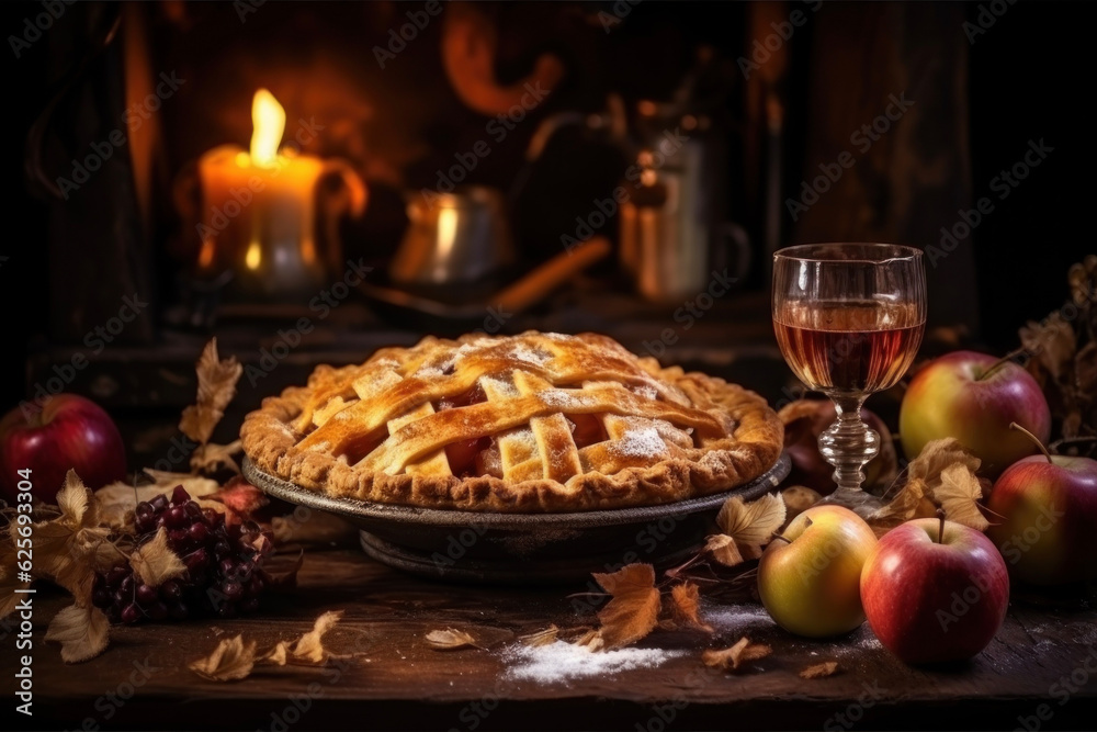 Generated photorealistic image of an apple pie in a room with candles