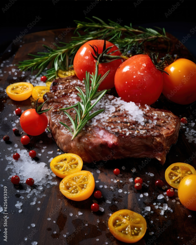 Generated photorealistic image of a juicy steak with tomatoes and rosemary