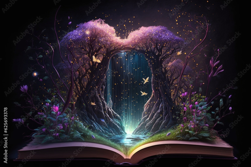 Open magic book with magical tree in the forest. Fairy tale