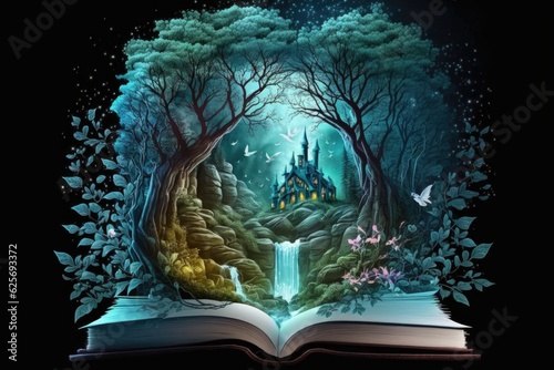 Magic book with fairy castle in the forest