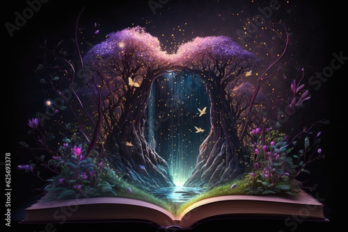 Open magic book with magical tree in the forest. Fairy tale
