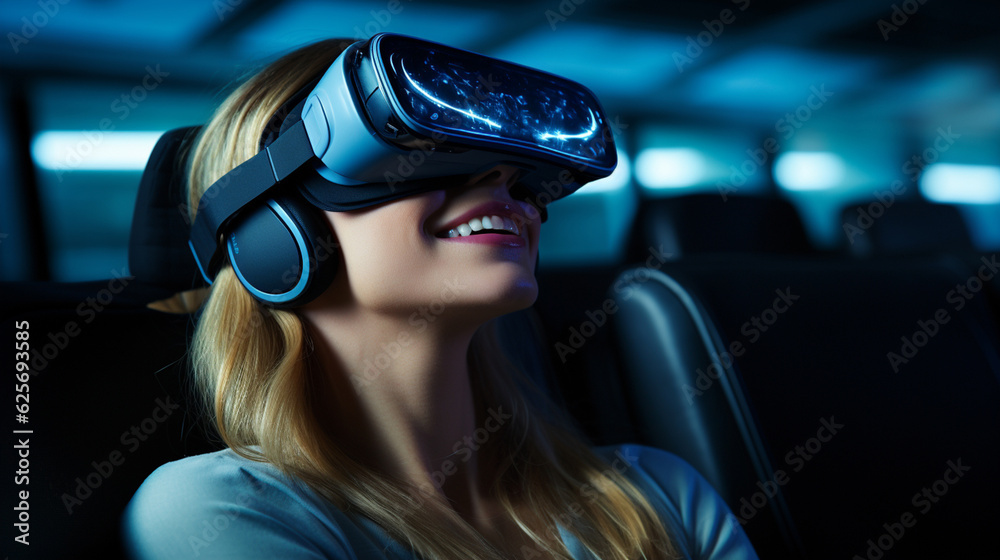 Future is now, young pretty woman use virtual reality headset, digital 3d world. Generative AI Future is now, young pretty woman use virtual reality headset, digital 3d world. Generative AI