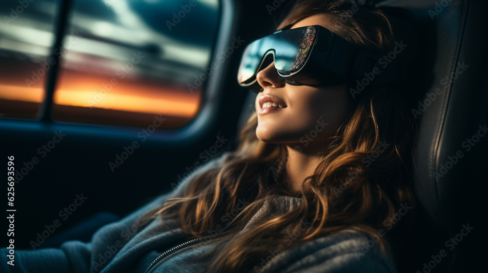 Future is now, young pretty woman use virtual reality headset, digital 3d world. Generative AI Future is now, young pretty woman use virtual reality headset, digital 3d world. Generative AI