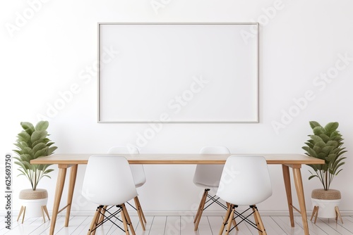 Mockup of a frame in a Scandinavian dining room made of wood, with a simple, colorful background.