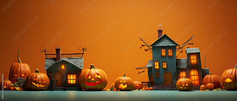 Fototapeta premium fondo de hallloween con calabazas terrorificas con cara, casa de brujas y fondo naranja, concepto. Ilustracion de ia generativa