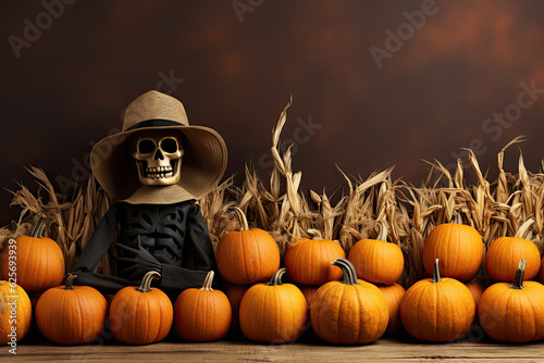 fondo de hallloween con calabazas ,  una calavera con sombrero y fondo naranja oscuro, concepto. Ilustracion de ia generativa photo