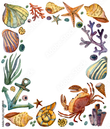 Fototapeta Naklejka Na Ścianę i Meble -  Crab, shells, anchor, mollusks, algae, corals, sea rocks and inhabitants. Decorative frame with marine life. Watercolor illustration isolated on a white background.