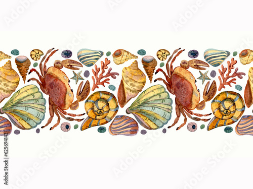 Seamless border  crab  shells  clams  algae  starfish  corals. Hand-drawn watercolor illustration isolated on white background. Seascape suitable for your design  actual marine design.