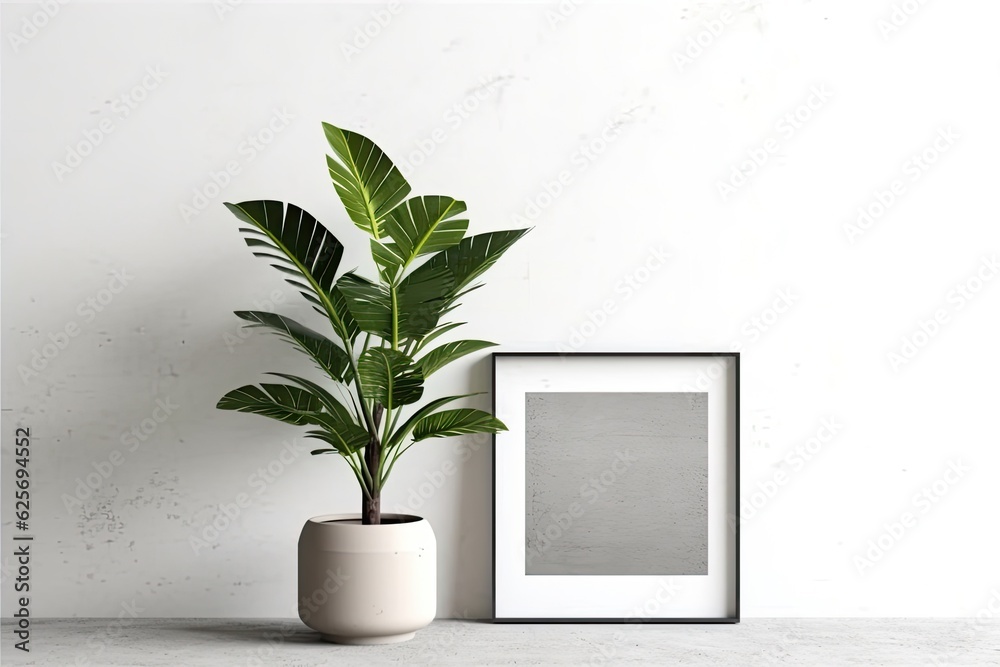 light frame Zamioculcas plant in a pot and mockup against a white wall. light frame Zamioculcas plant in a pot and mockup against a white wall.