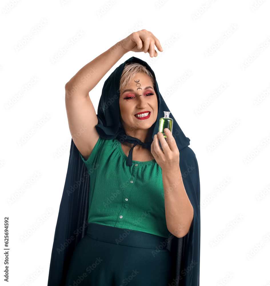 Mature witch with poison on white background Mature witch with poison on white background