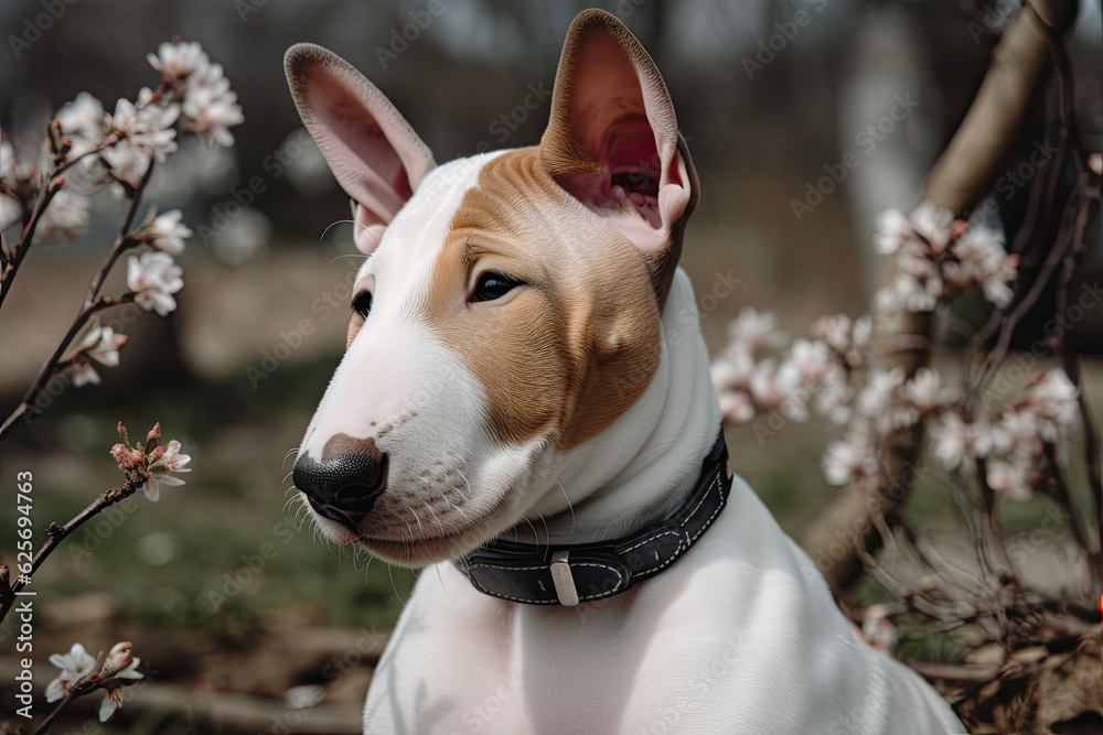 Puppy miniature bull terrier puppy sitting outdoors among blooming trees at spring, created with Generative AI