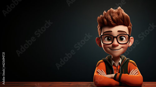 cute cartoon character boy ready for school with glasses and a sweater, a school blackboard in the background, AI