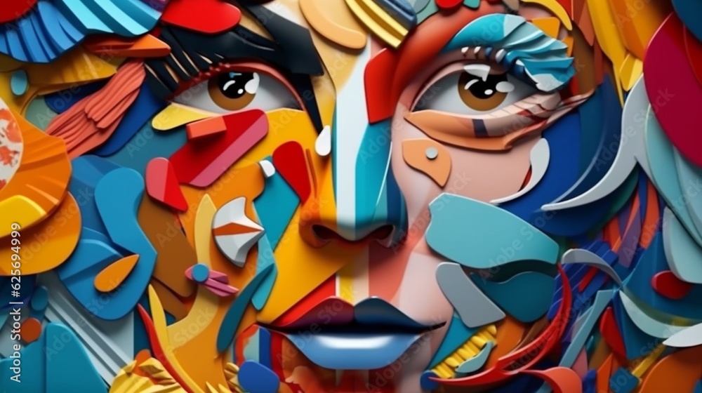 Colorful collage featuring abstract faces, Generative AI.