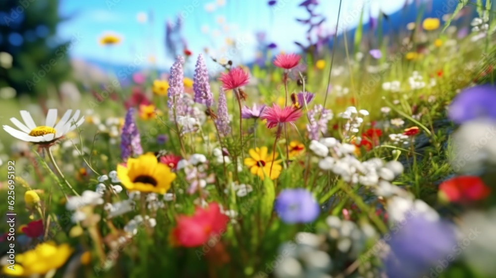 Colorful wildflower meadow in spring, Generative AI.