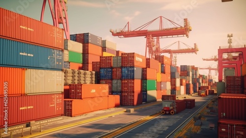 Container Terminal with shipping containers stacked high, Generative AI.