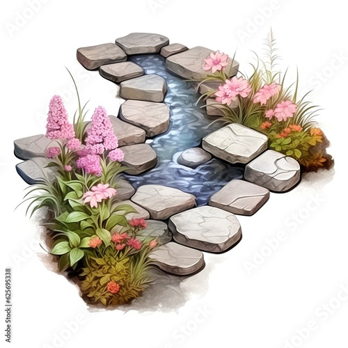 Nature Oasis A Serene Pond with Flowing Stream and Blossoming Flowers