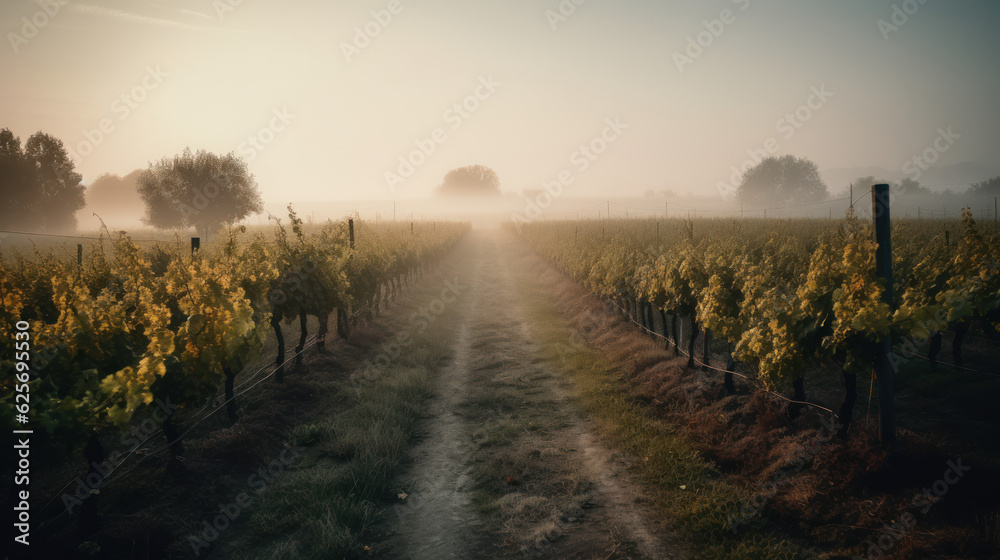 vineyard with a misty sunrise, bringing new day.