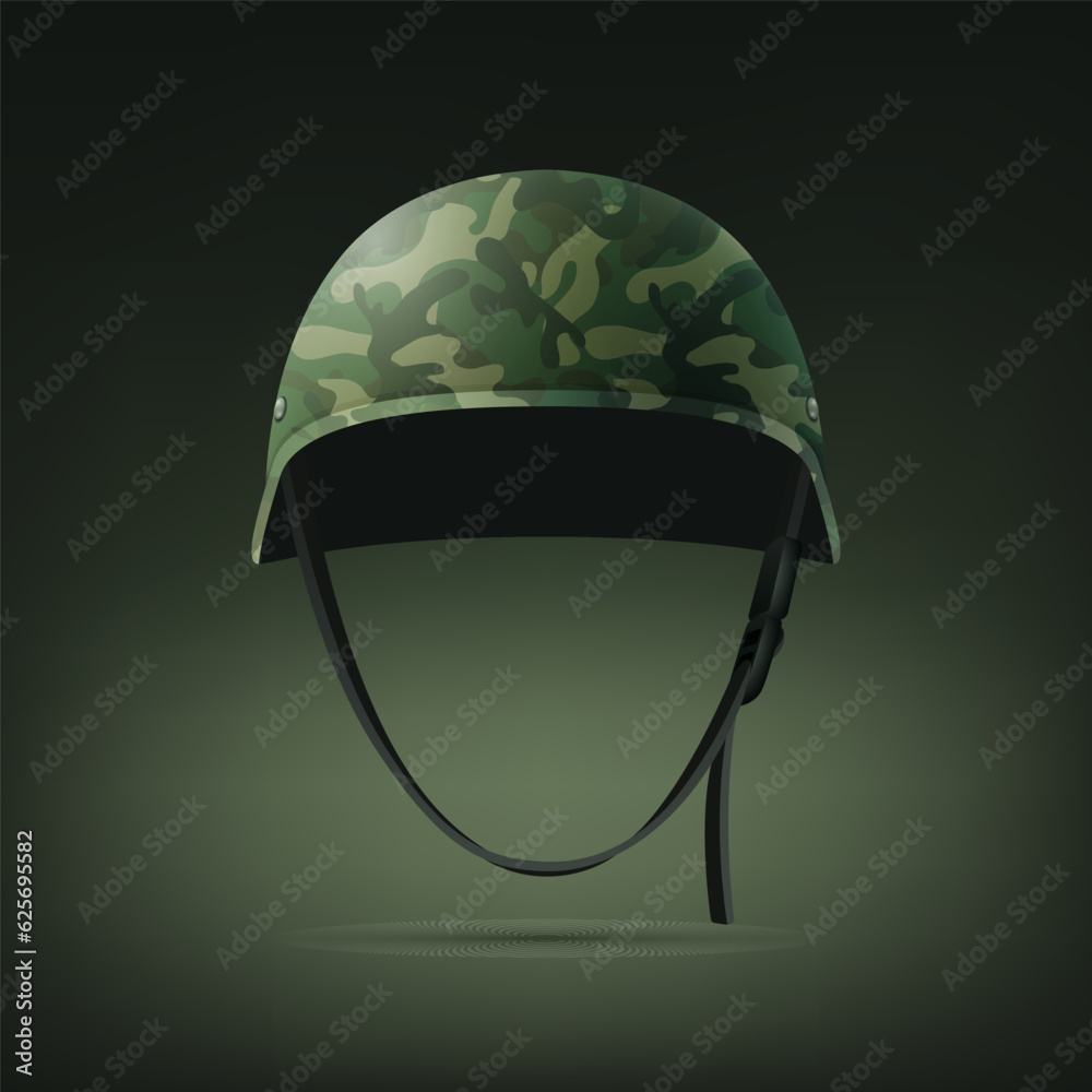 Fototapeta premium Vector 3d Realistic Military Helmet Closeup. Helmet, Army Symbol of Defense and Protect. Soldier Helmet Design Template