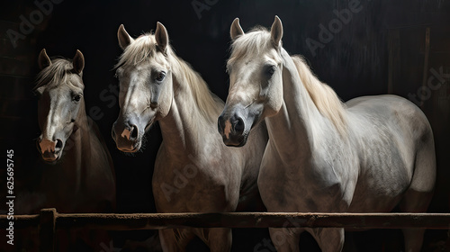 Group of horses close up isolated on black background © PaulShlykov